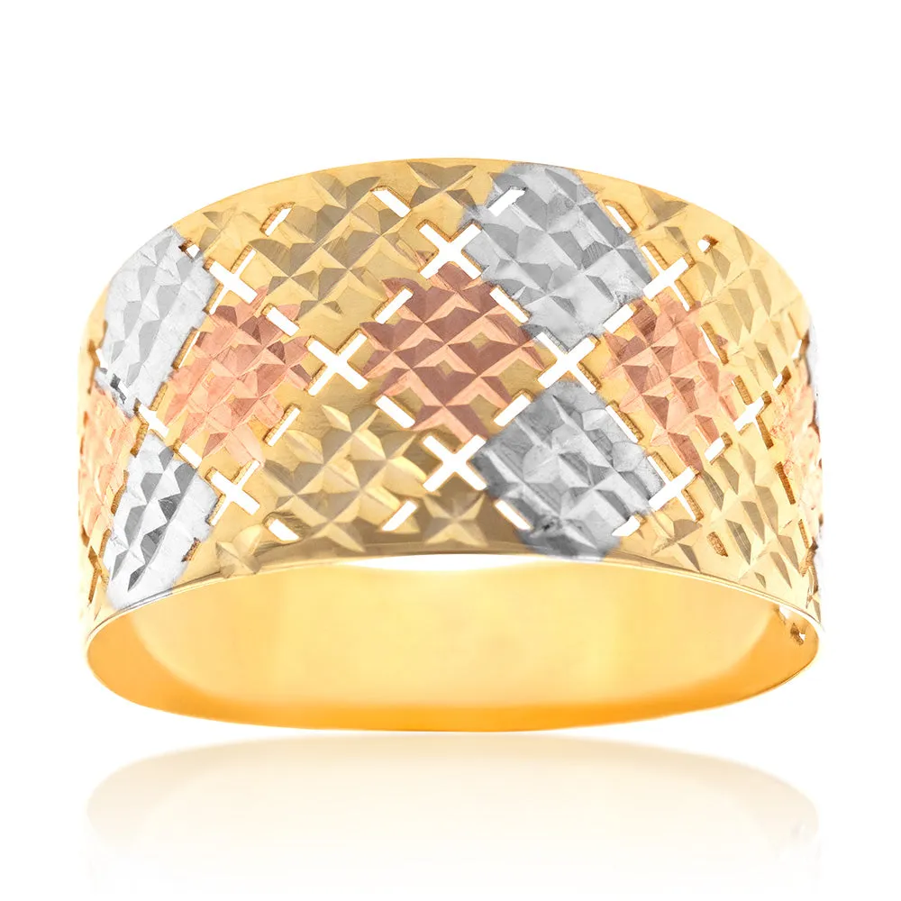9ct Yellow And White Gold Patterned Broad Band Ring