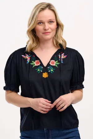 Angelique Shirred Top - Black. Tropical Hummingbird