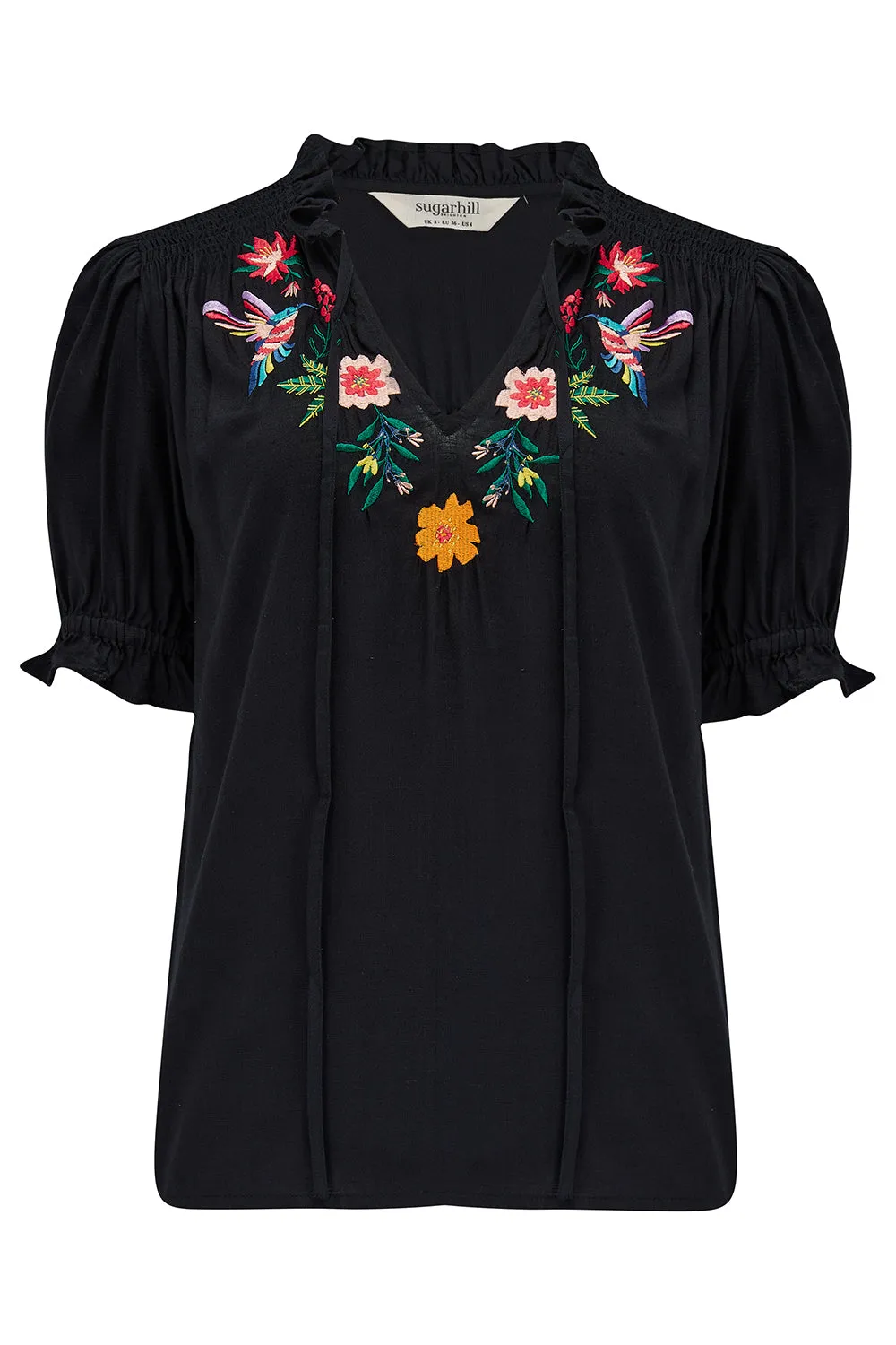 Angelique Shirred Top - Black. Tropical Hummingbird