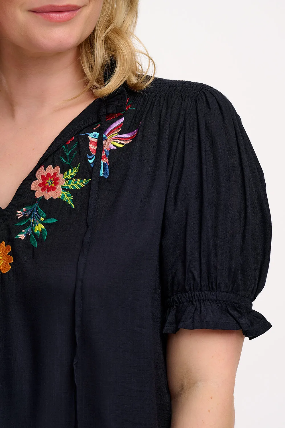 Angelique Shirred Top - Black. Tropical Hummingbird