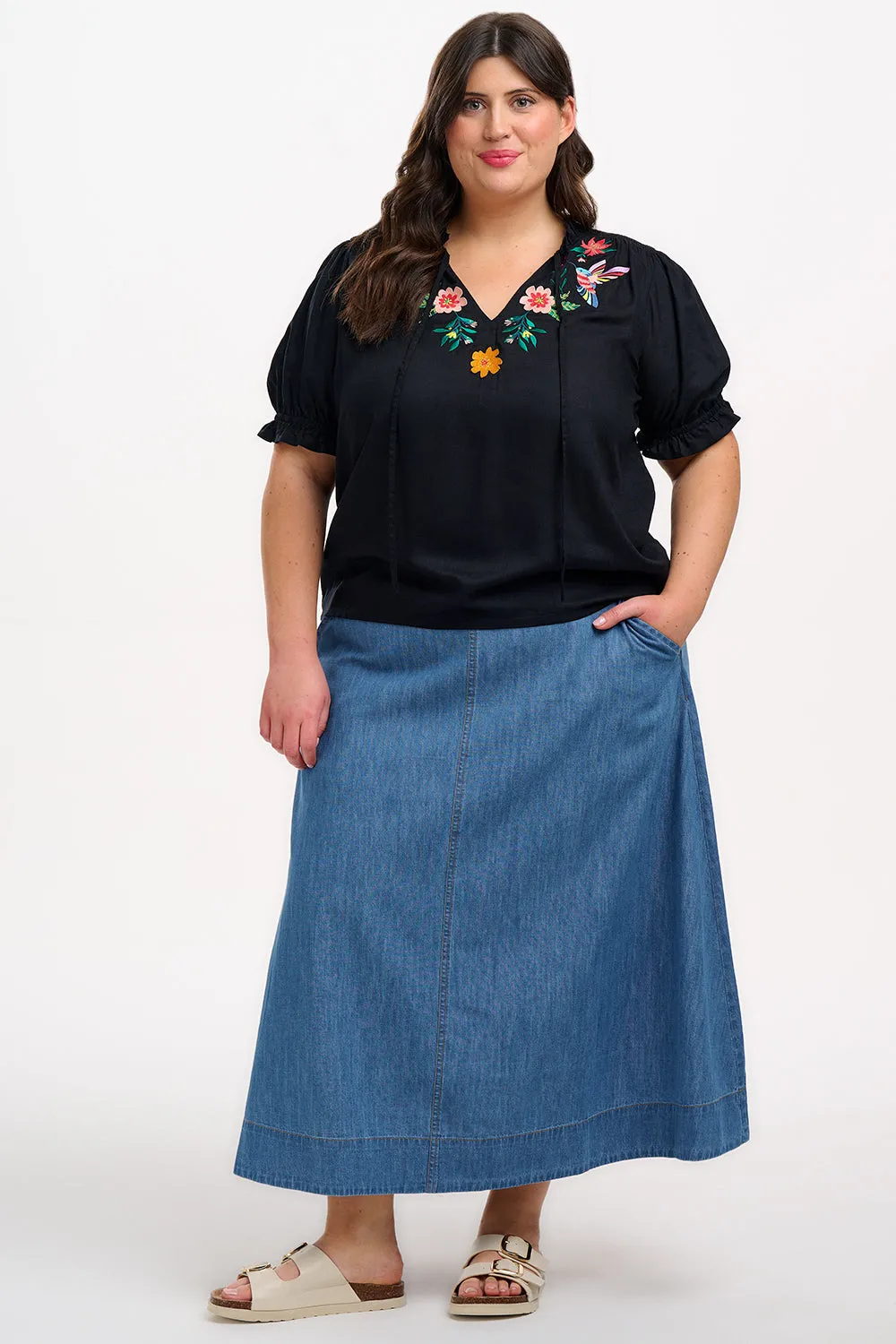 Angelique Shirred Top - Black. Tropical Hummingbird