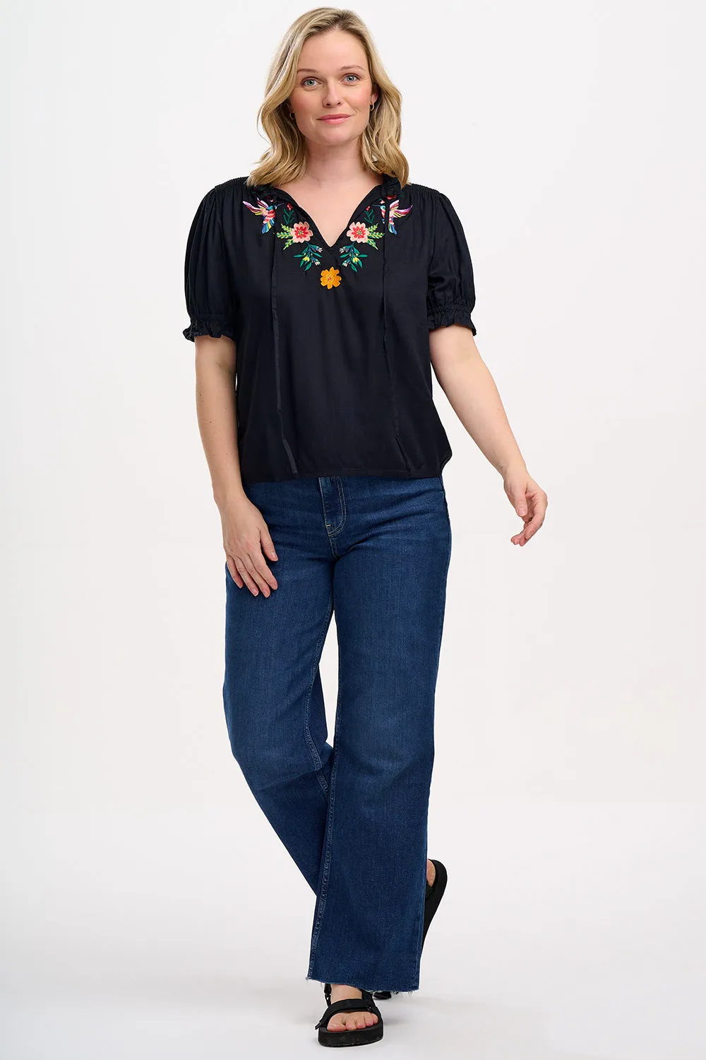 Angelique Shirred Top - Black. Tropical Hummingbird