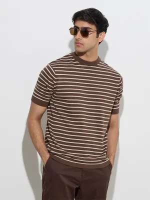 Ascot Dark Brown Striped Relaxed-Fit Cotton T-Shirt
