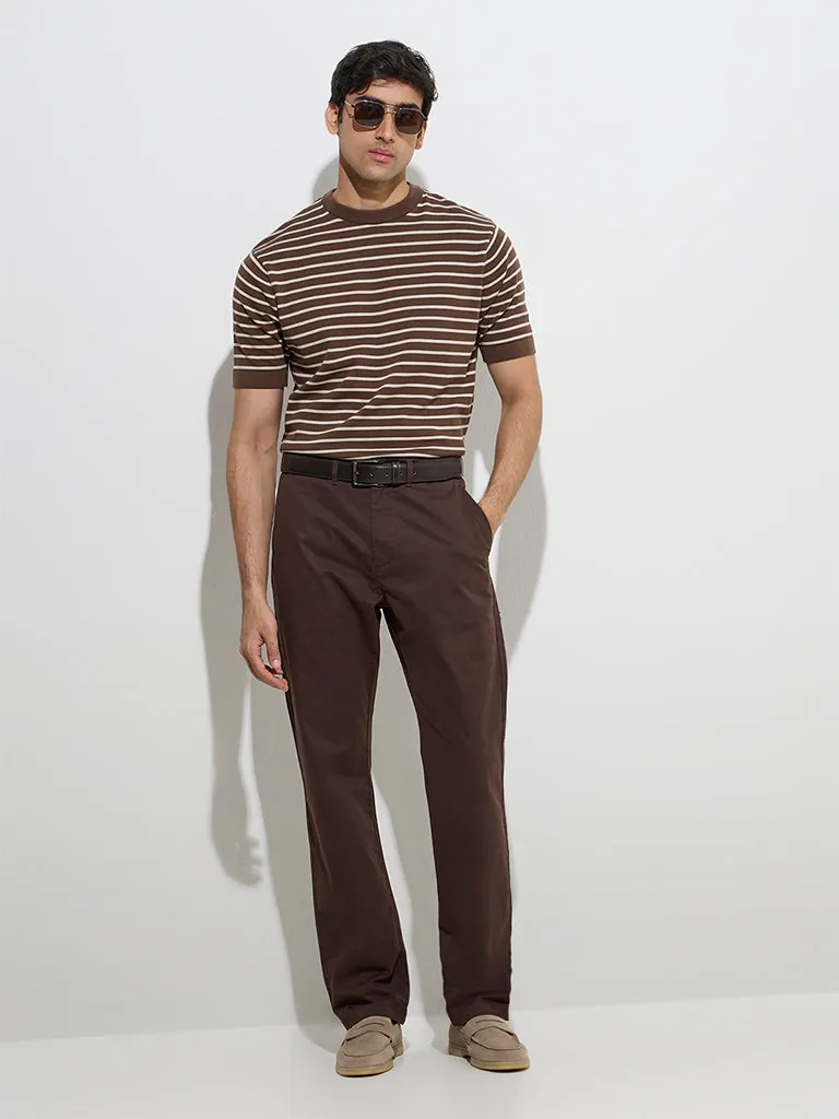 Ascot Dark Brown Striped Relaxed-Fit Cotton T-Shirt