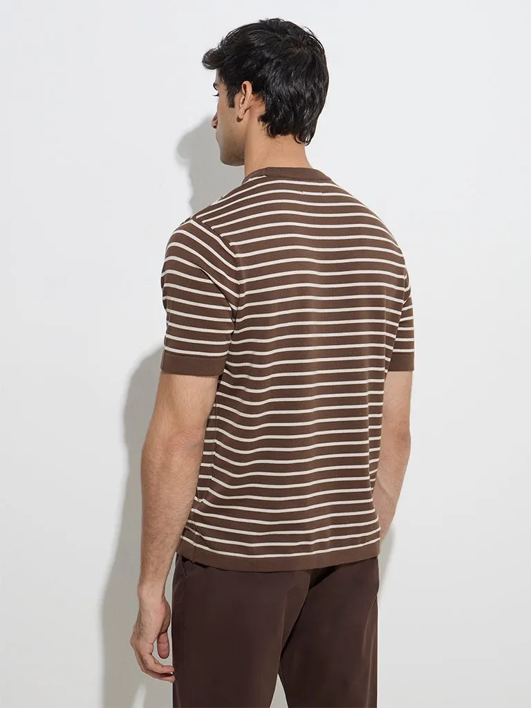 Ascot Dark Brown Striped Relaxed-Fit Cotton T-Shirt