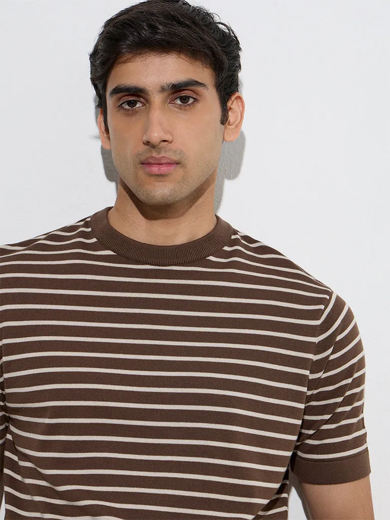Ascot Dark Brown Striped Relaxed-Fit Cotton T-Shirt