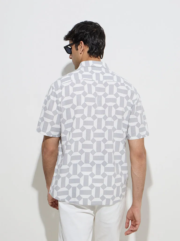 Ascot Grey Geometric Design Relaxed-Fit Linen Shirt