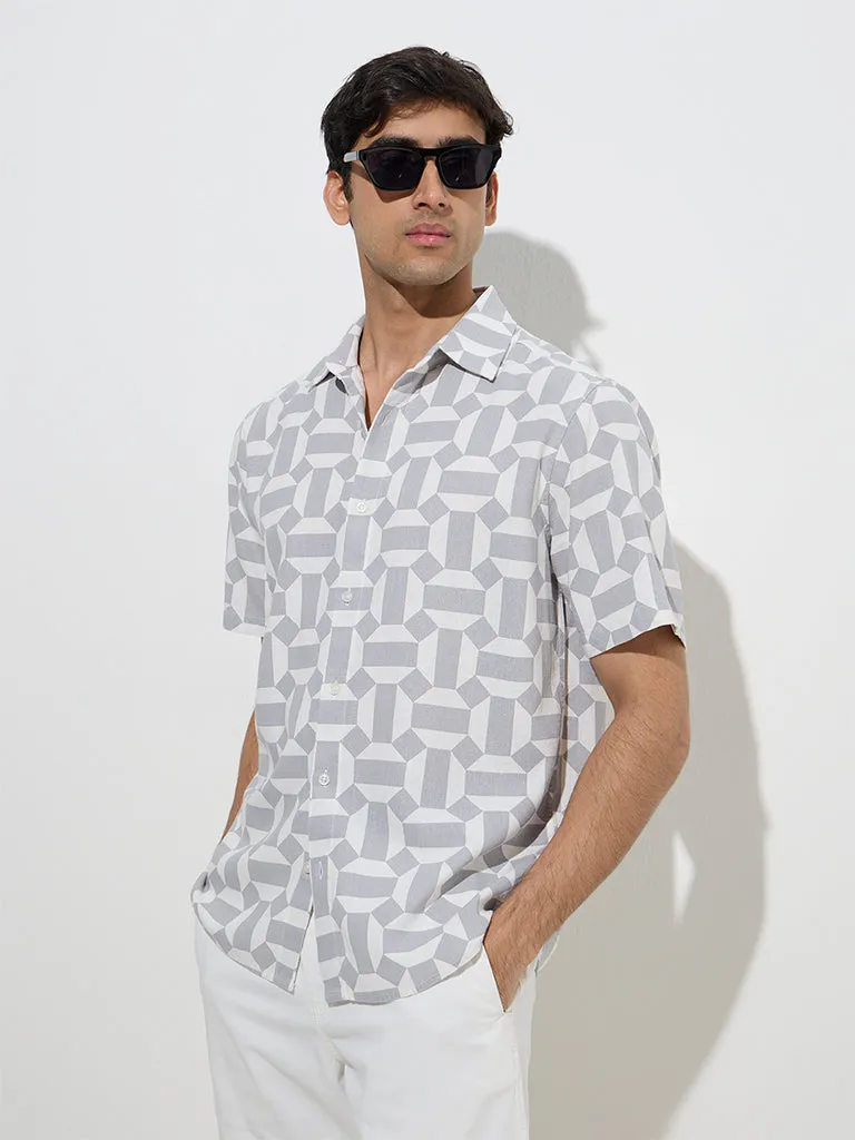Ascot Grey Geometric Design Relaxed-Fit Linen Shirt