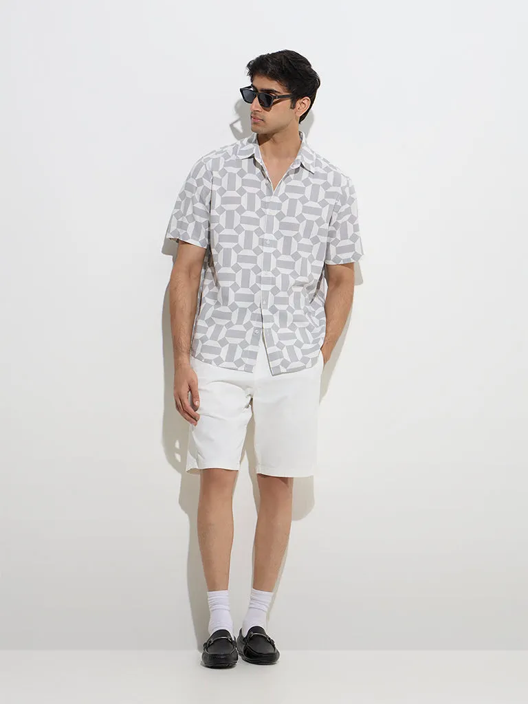 Ascot Grey Geometric Design Relaxed-Fit Linen Shirt