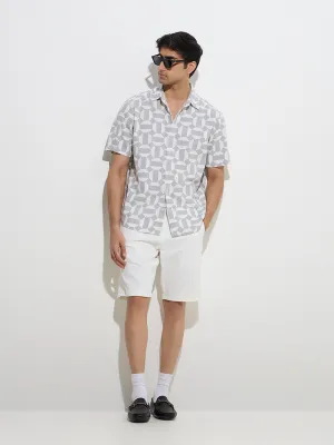 Ascot Grey Geometric Design Relaxed-Fit Linen Shirt