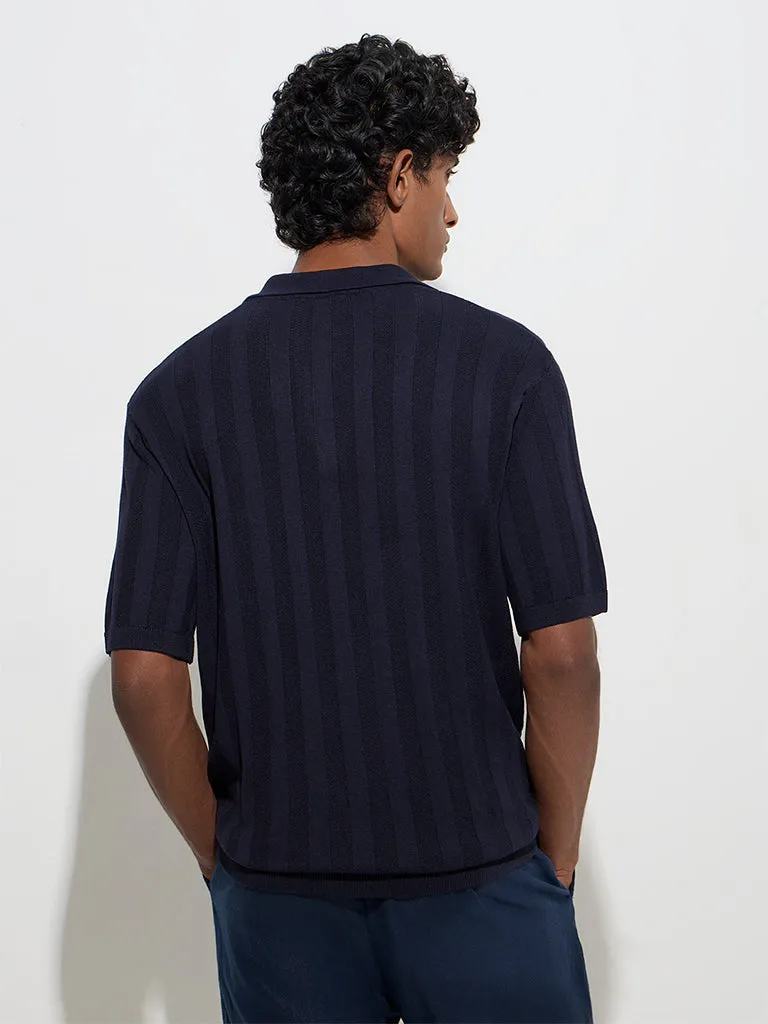 Ascot Navy Self-Striped Relaxed-Fit Polo T-Shirt