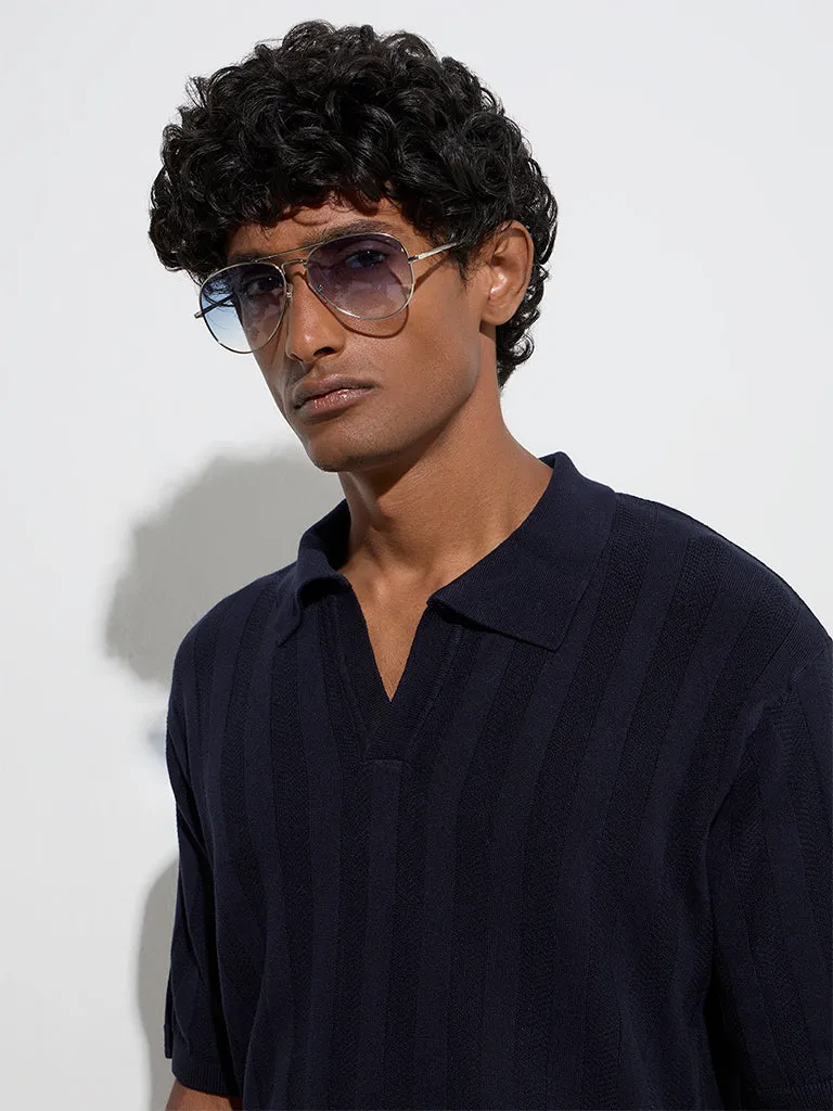 Ascot Navy Self-Striped Relaxed-Fit Polo T-Shirt