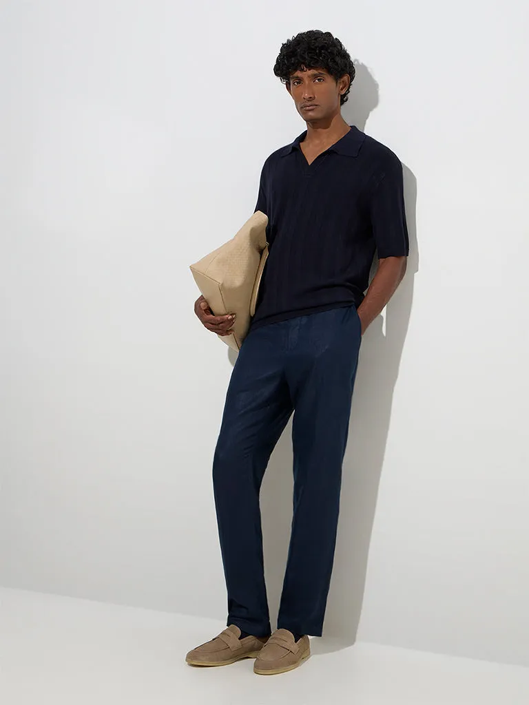 Ascot Navy Self-Striped Relaxed-Fit Polo T-Shirt