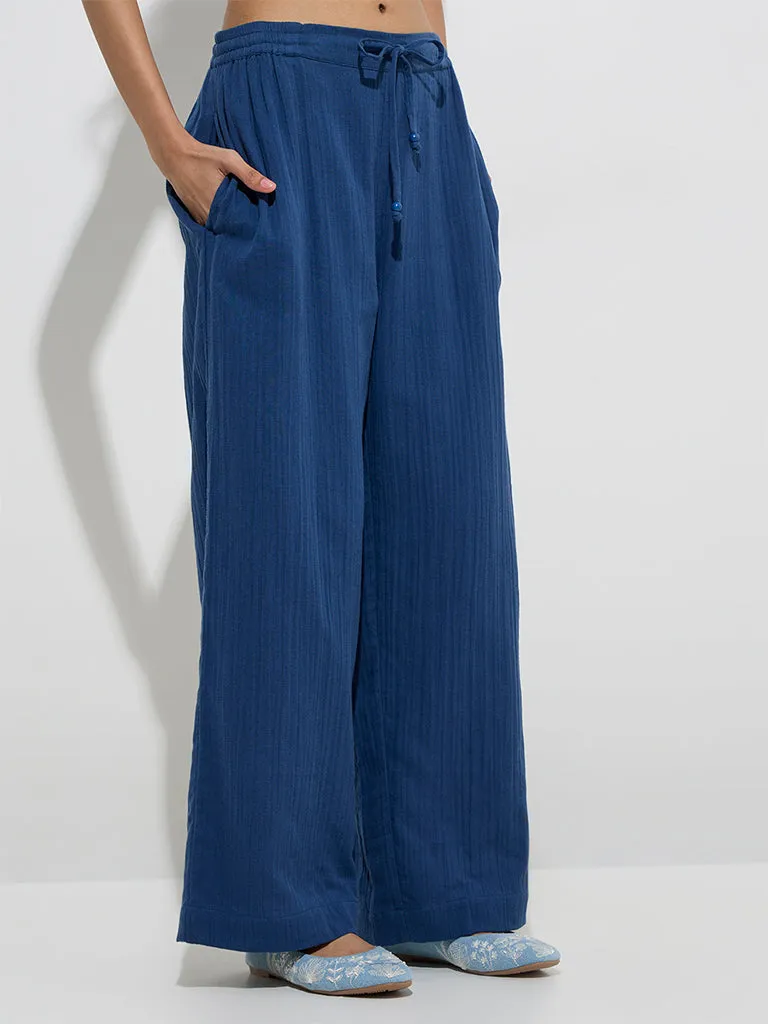 Bombay Paisley Indigo Crinkle-Textured Cotton Pants