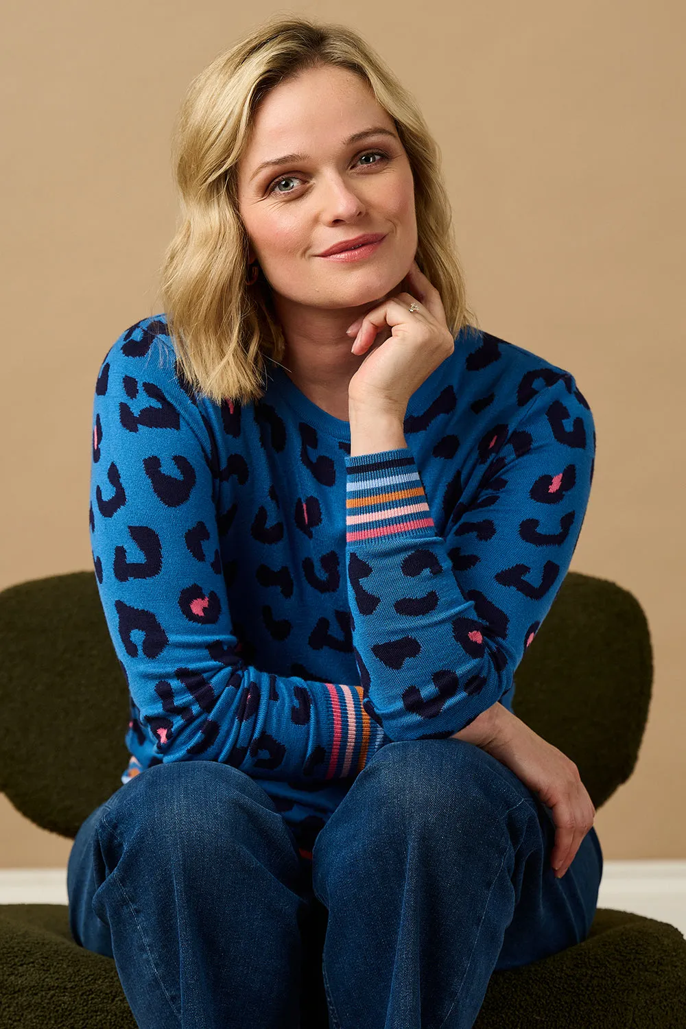 Callie Jumper - Blue. Leopard Pop Stripe