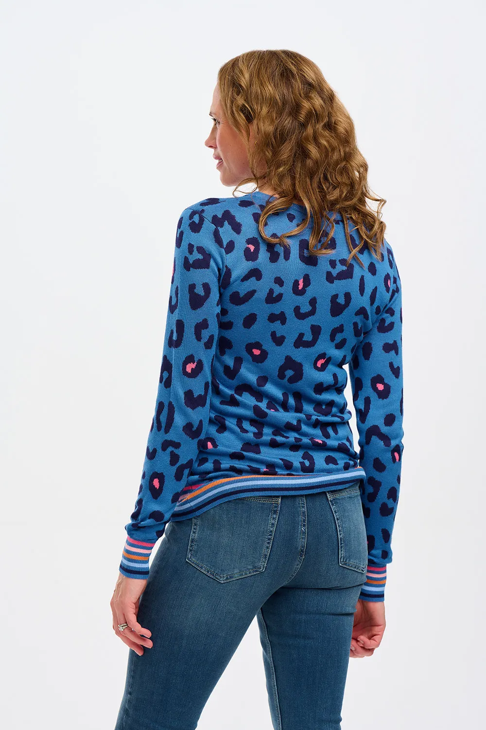 Callie Jumper - Blue. Leopard Pop Stripe