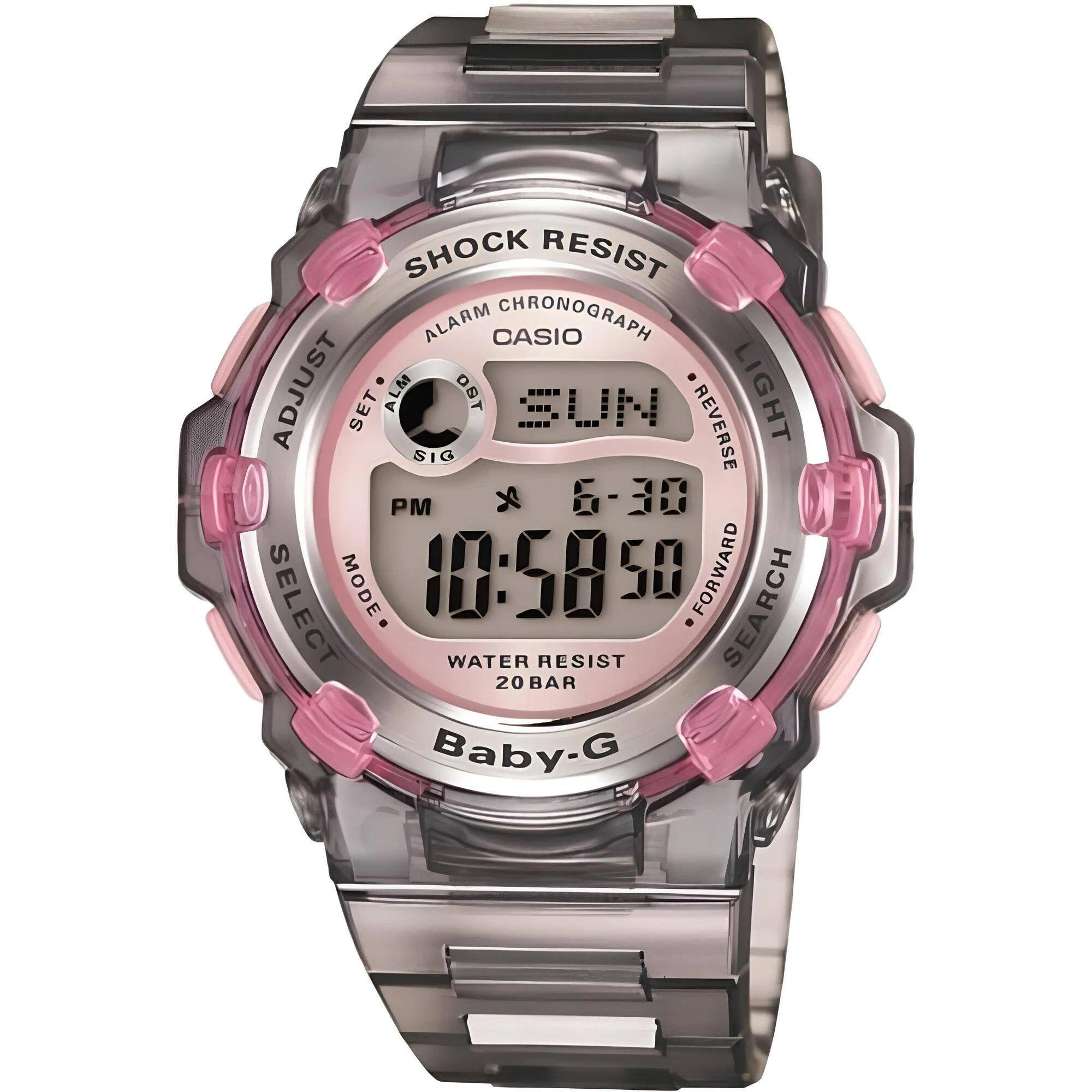 Casio Women's Watch - Baby-G Grey and Pink Digital Dial Strap World Time | BG3000-8