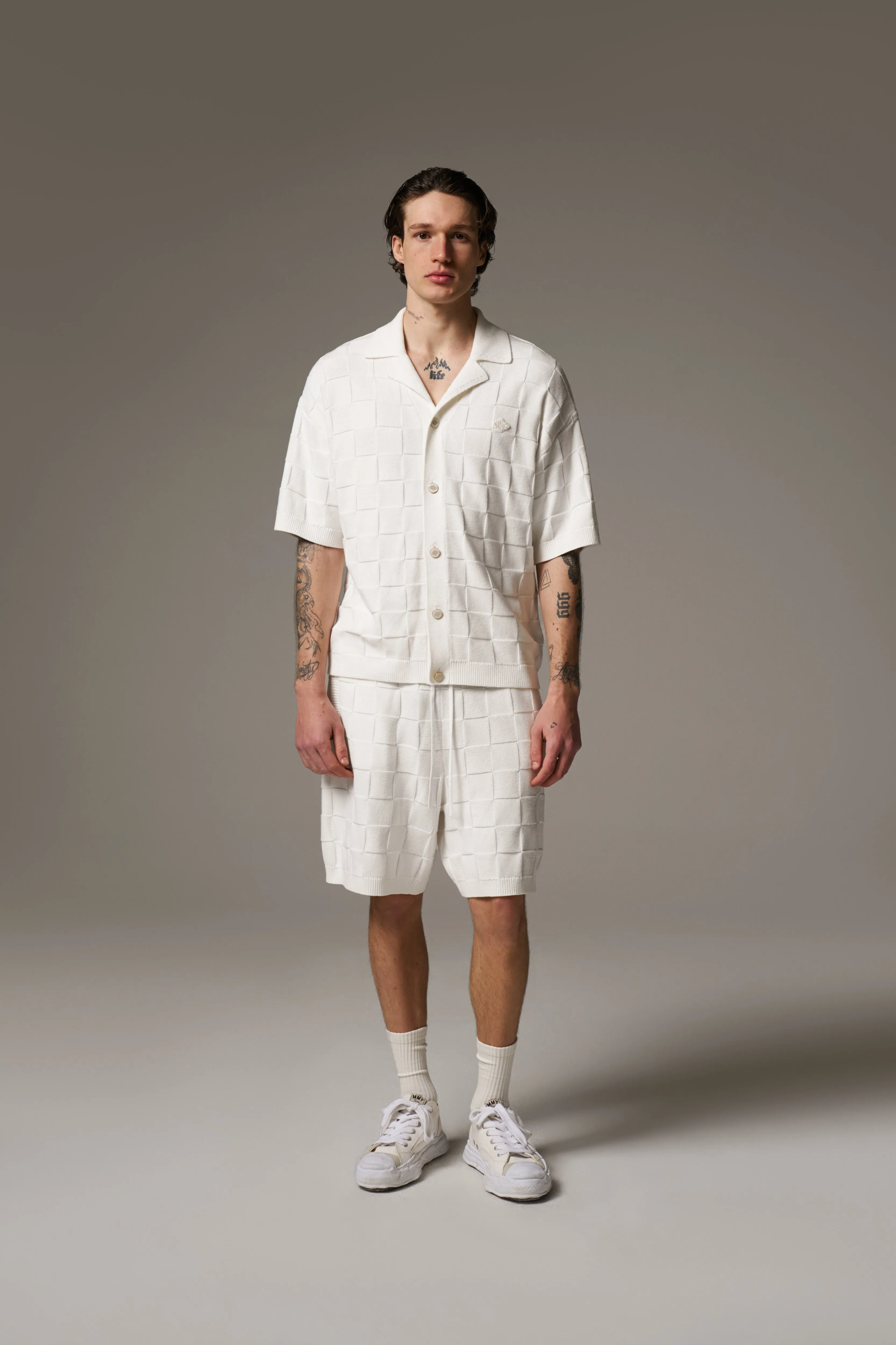 CHECKERBOARD KNITTED SHIRT - OFF WHITE