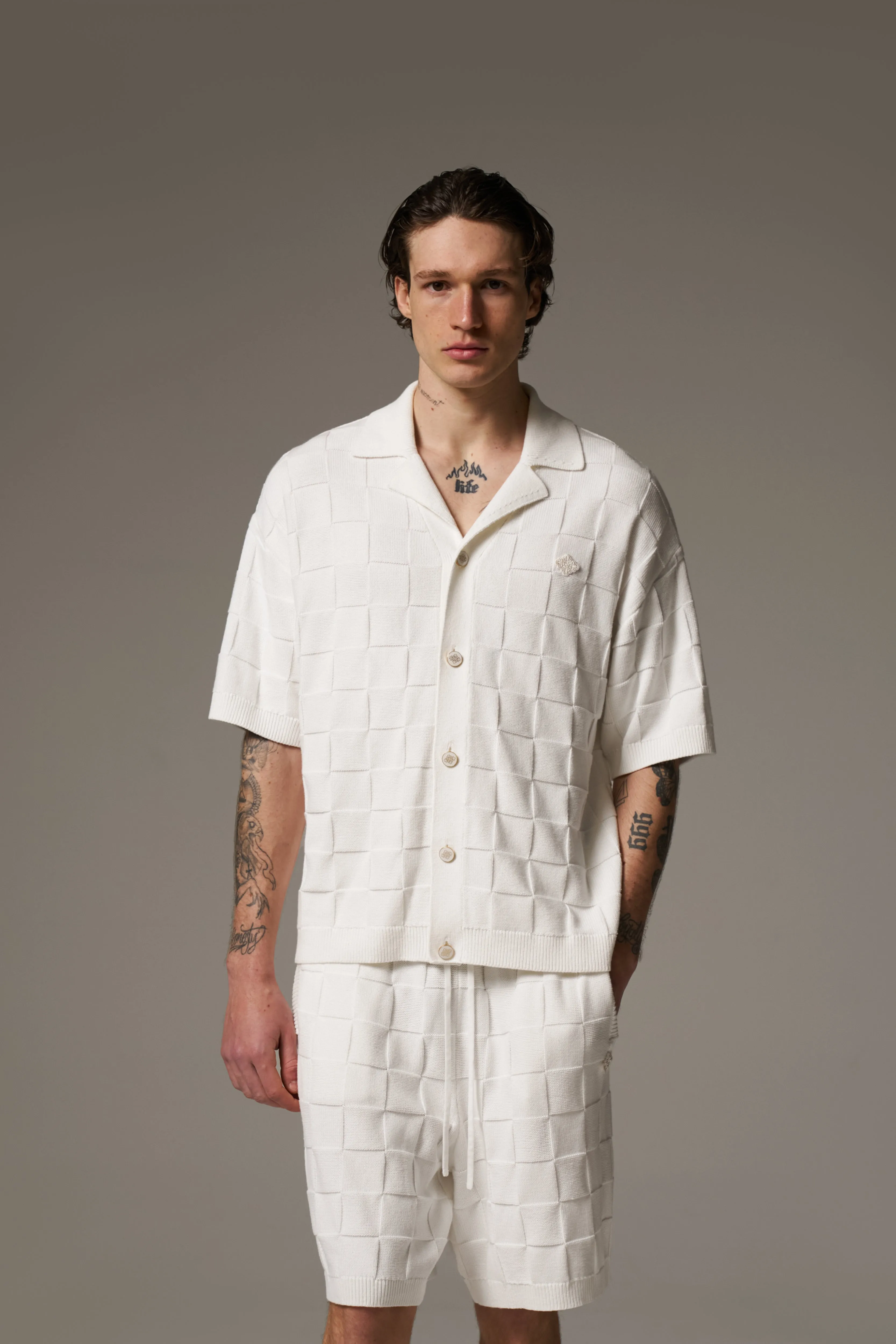 CHECKERBOARD KNITTED SHIRT - OFF WHITE