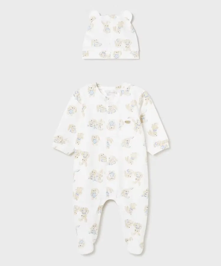Cream Bunny Print Babygrow & Hat