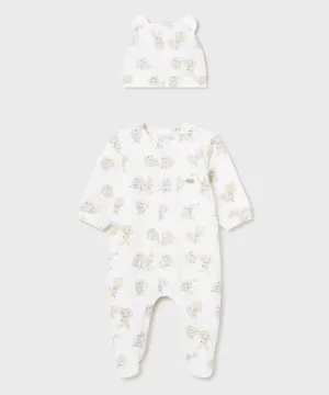 Cream Bunny Print Babygrow & Hat