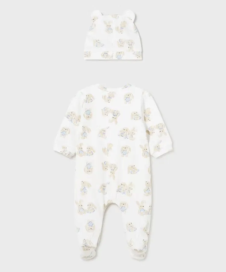 Cream Bunny Print Babygrow & Hat