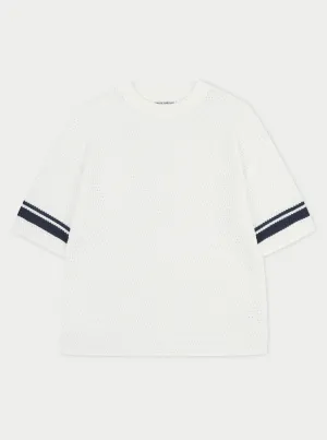 CROCHET KNITTED CONTRAST STRIPE T-SHIRT - WHITE