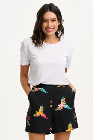 Enola Shorts - Black. Tropical Parrots