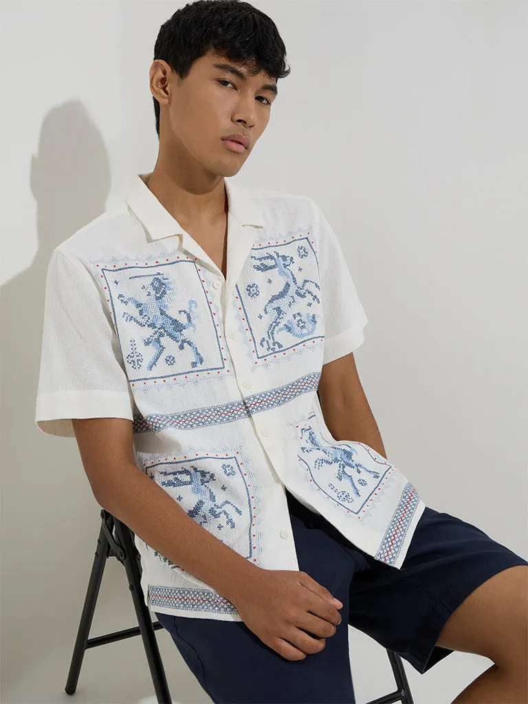 ETA Off-White Embroidered Relaxed-Fit Cotton Shirt