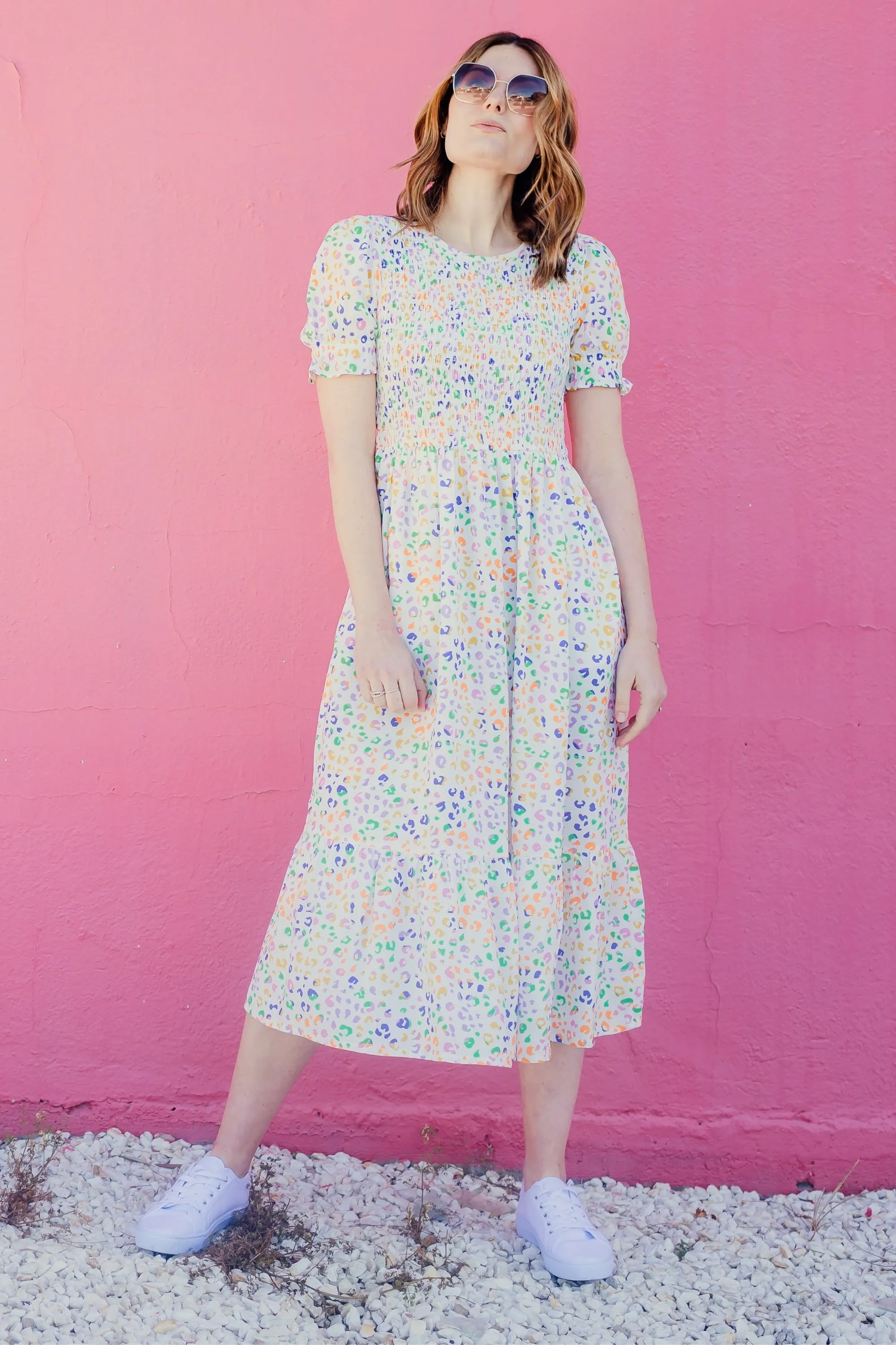 Gemma Shirred Midi Dress - Off-White/Multi. Mottled Leopard