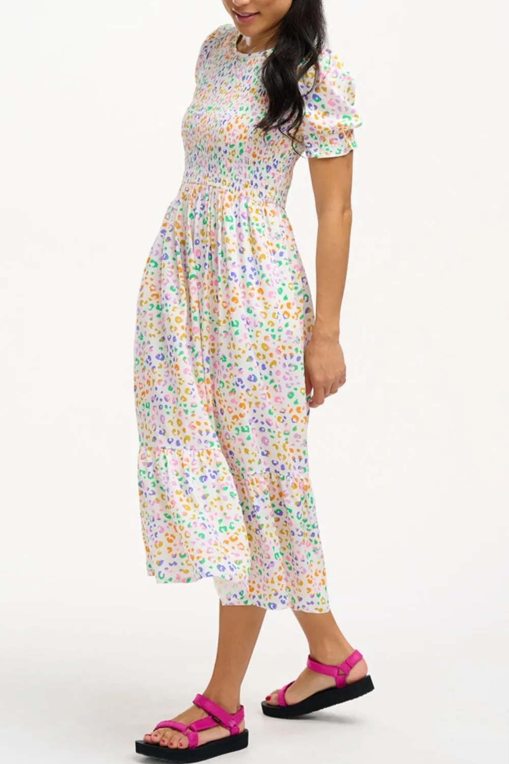 Gemma Shirred Midi Dress - Off-White/Multi. Mottled Leopard