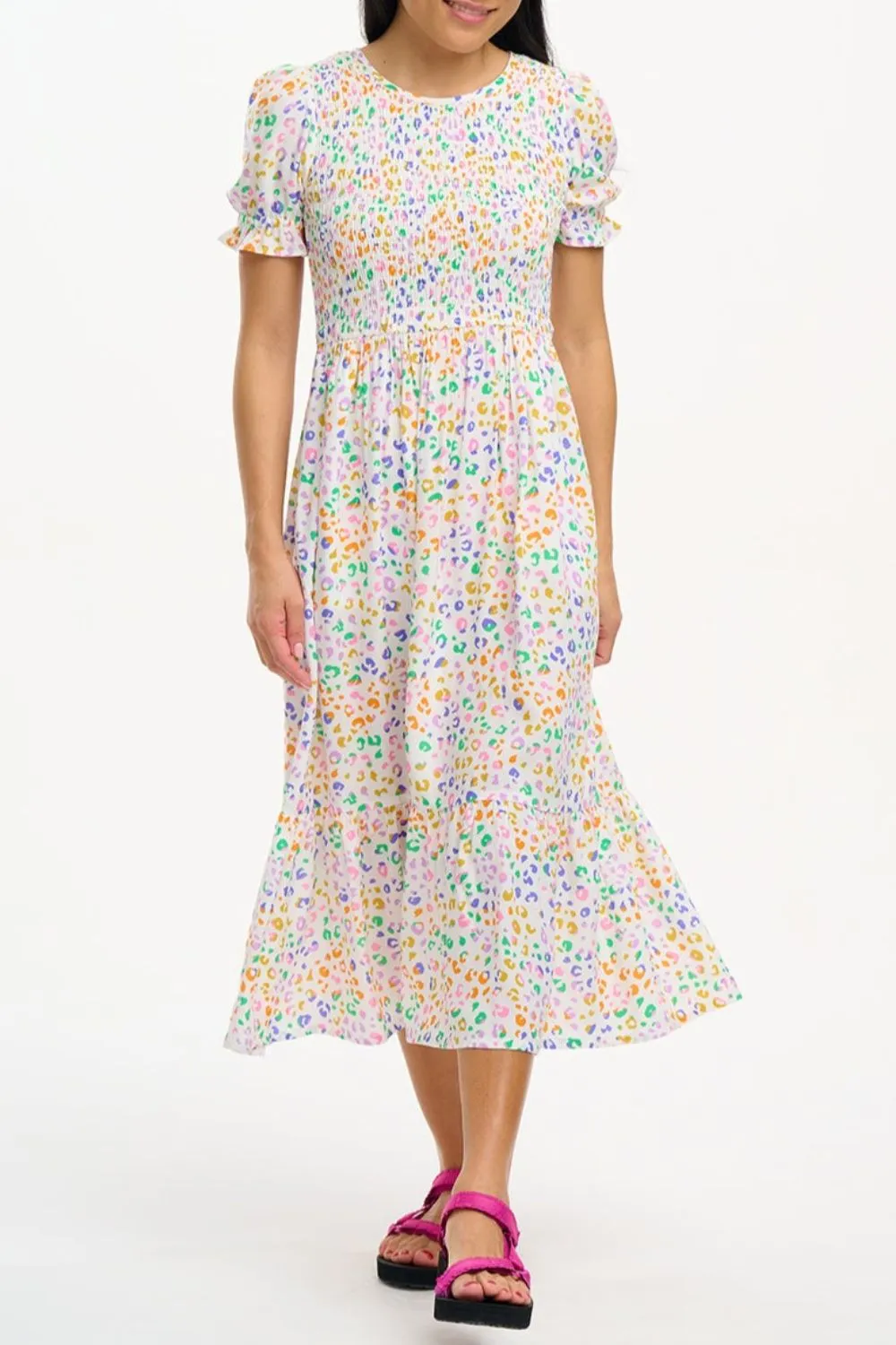 Gemma Shirred Midi Dress - Off-White/Multi. Mottled Leopard