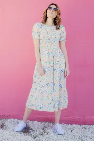 Gemma Shirred Midi Dress - Off-White/Multi. Mottled Leopard