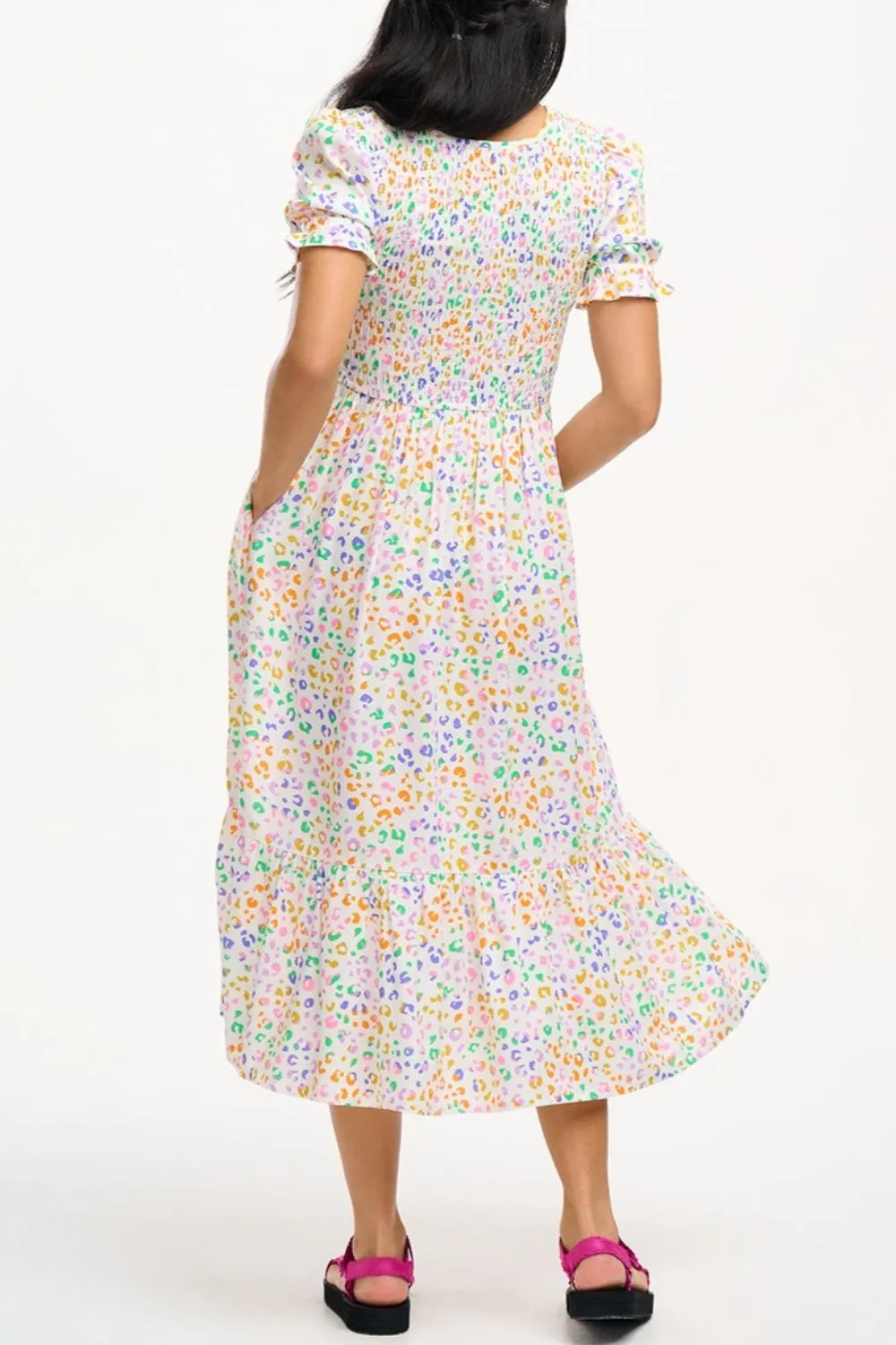 Gemma Shirred Midi Dress - Off-White/Multi. Mottled Leopard