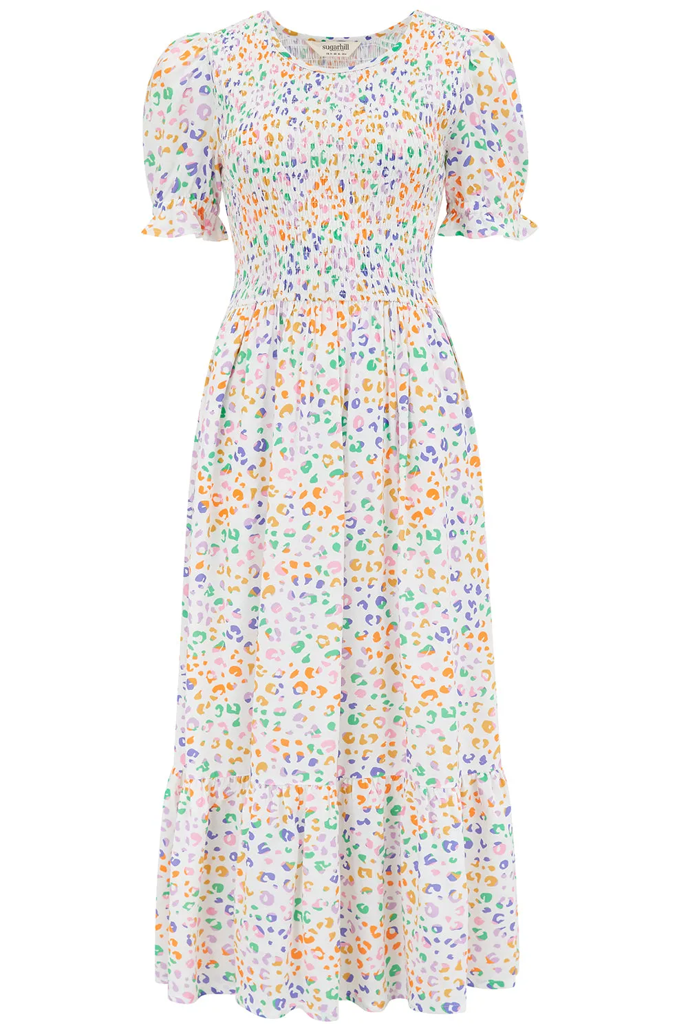Gemma Shirred Midi Dress - Off-White/Multi. Mottled Leopard