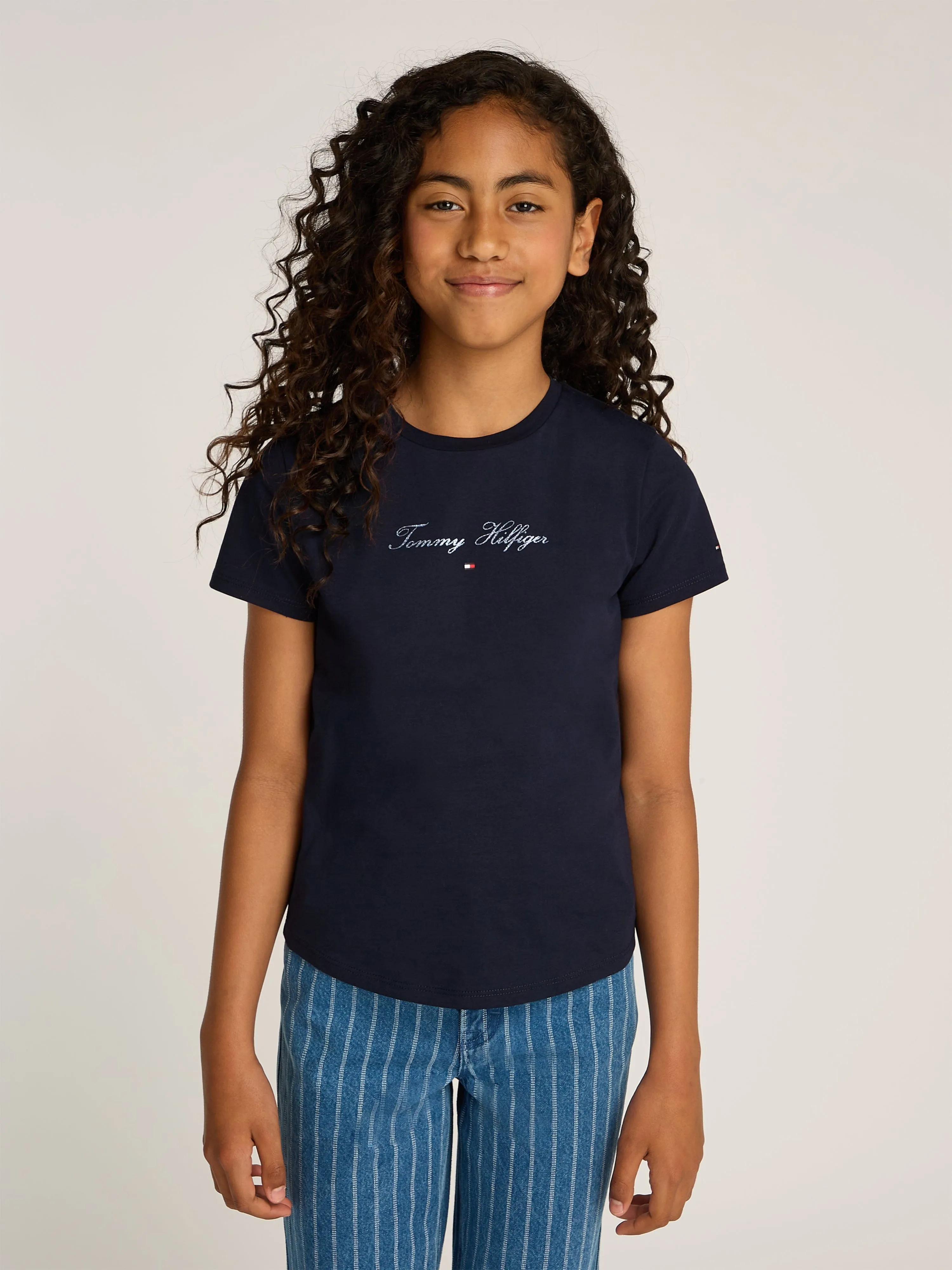 Girls Script Logo Slim T-Shirt in Navy