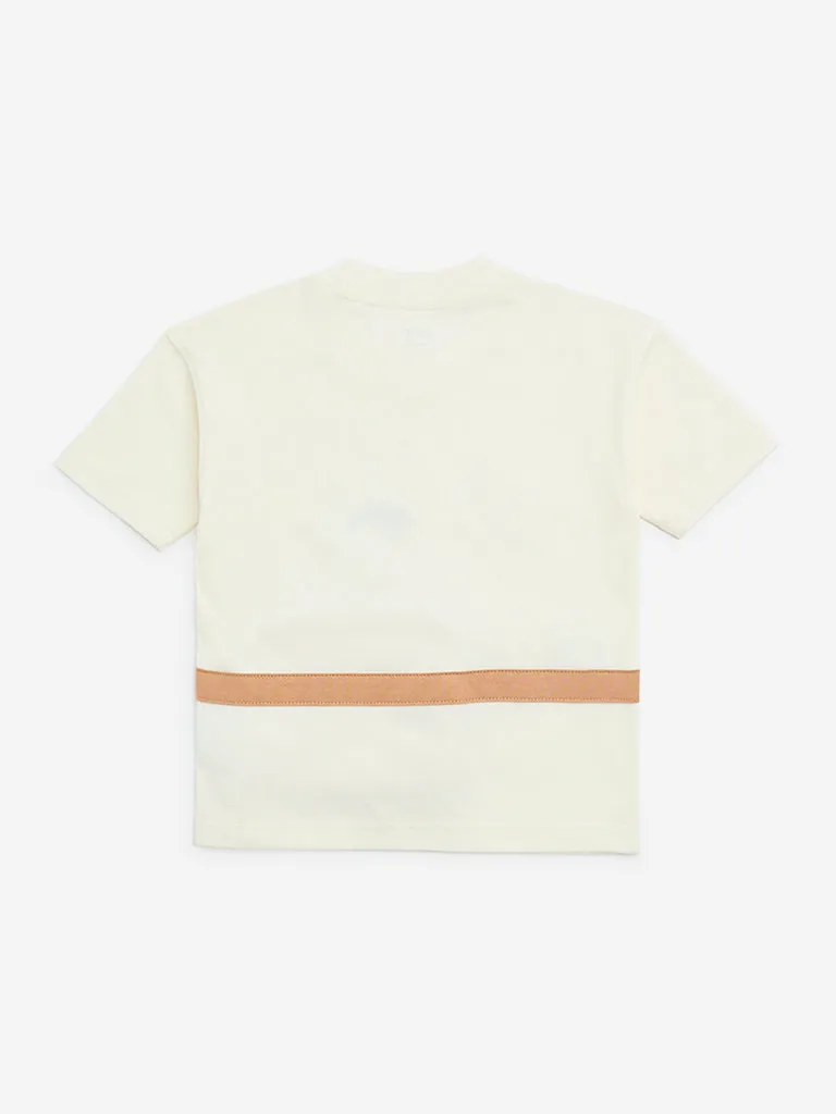 HOP Kids Light Beige Text Patterned Cotton T-Shirt