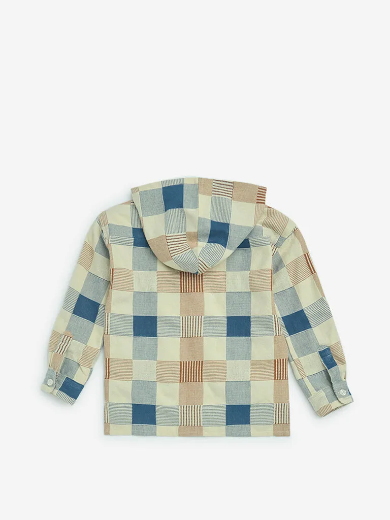 HOP Kids Multicolour Checkered Cotton Hooded Shirt