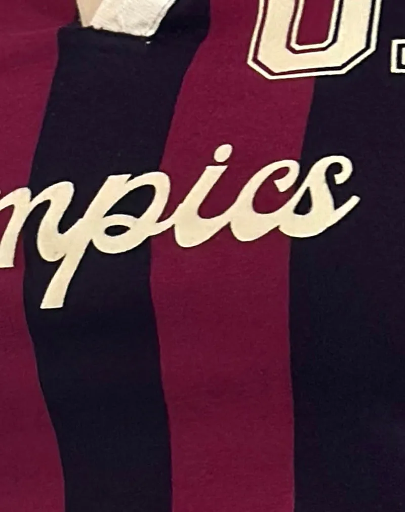 Isda Top in Plum. Navy and Stone Stripe with Olympics Slogan