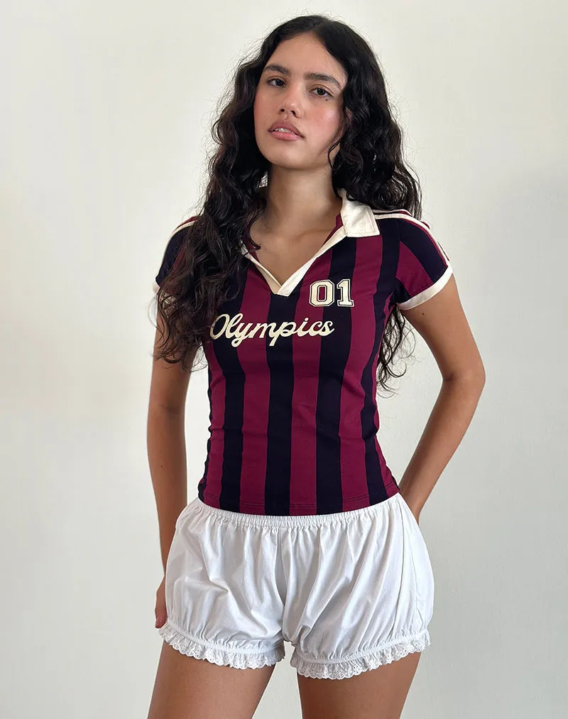 Isda Top in Plum. Navy and Stone Stripe with Olympics Slogan