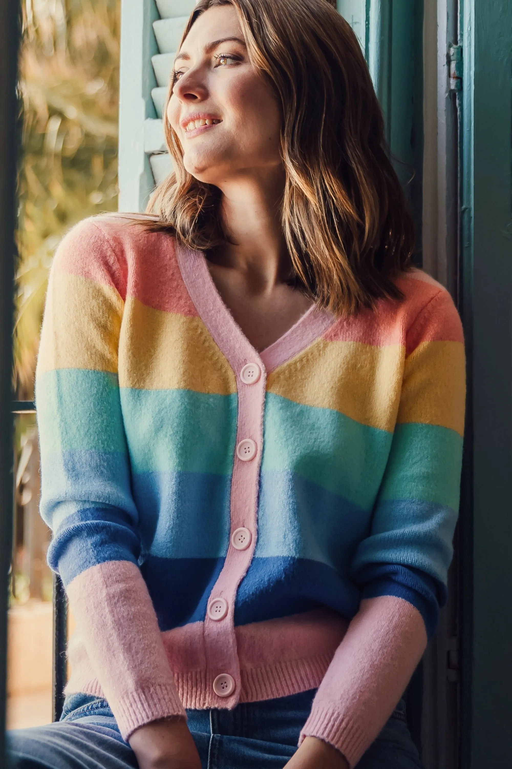 Izzy Cardigan - Multi. Pastel Rainbow Stripes