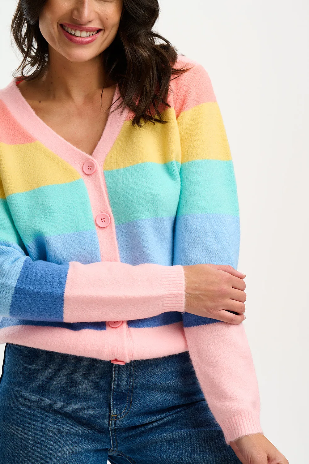 Izzy Cardigan - Multi. Pastel Rainbow Stripes