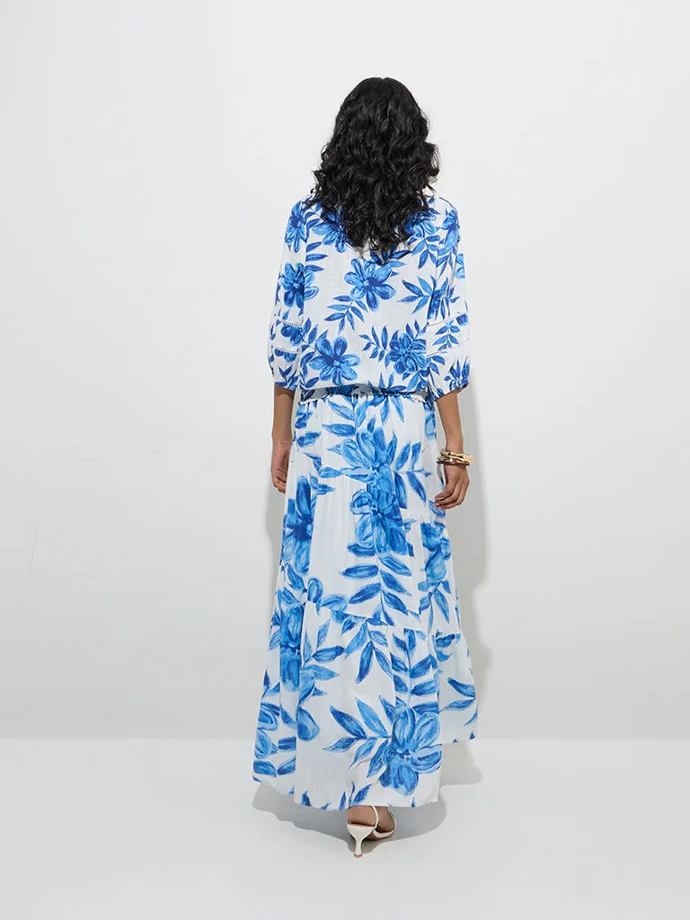 LOV Blue Foliage-Inspired High-Rise Skirt