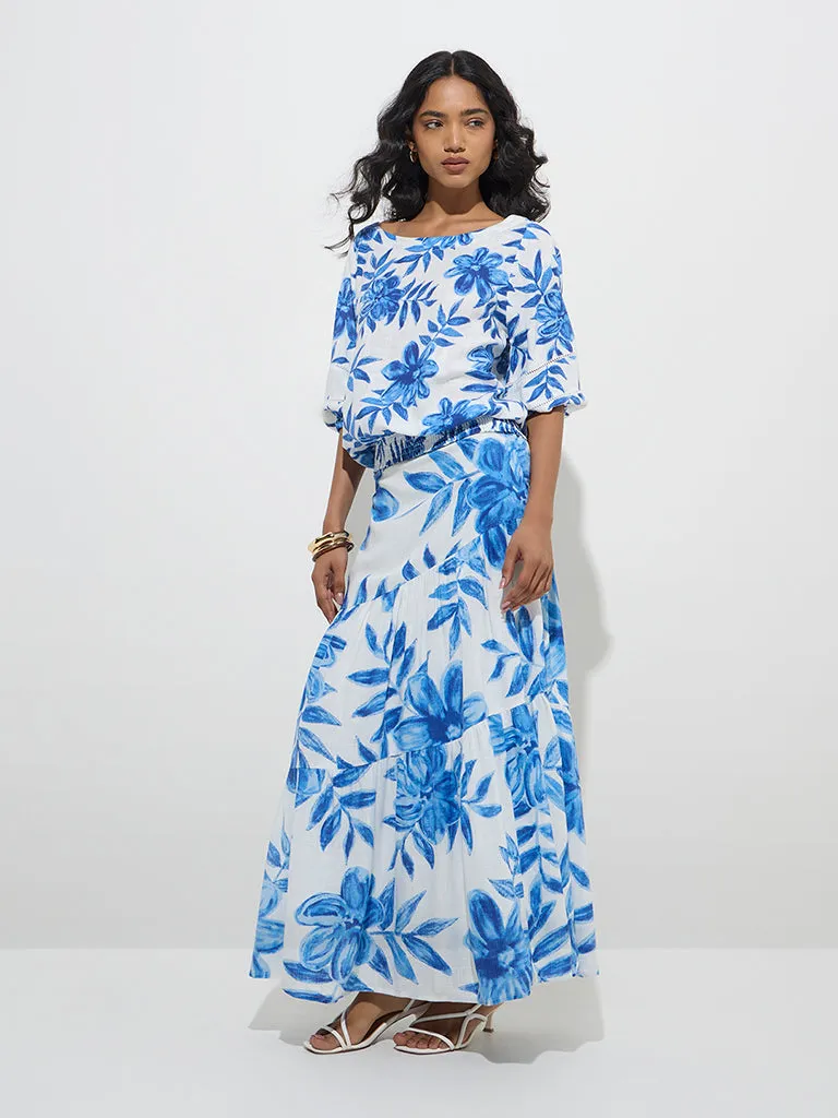 LOV Blue Foliage-Inspired High-Rise Skirt