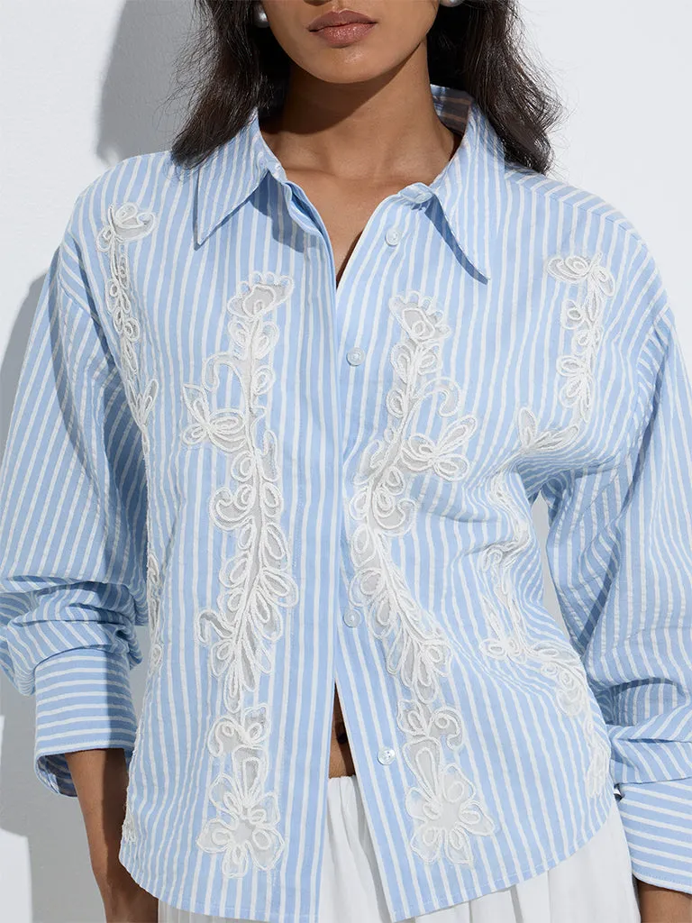 LOV Blue Striped Floral Laced Cotton Shirt