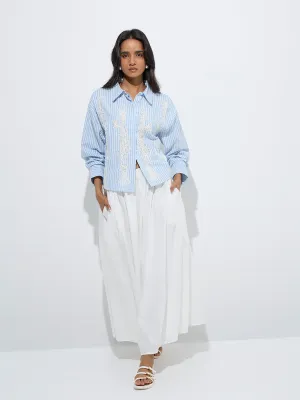LOV Blue Striped Floral Laced Cotton Shirt