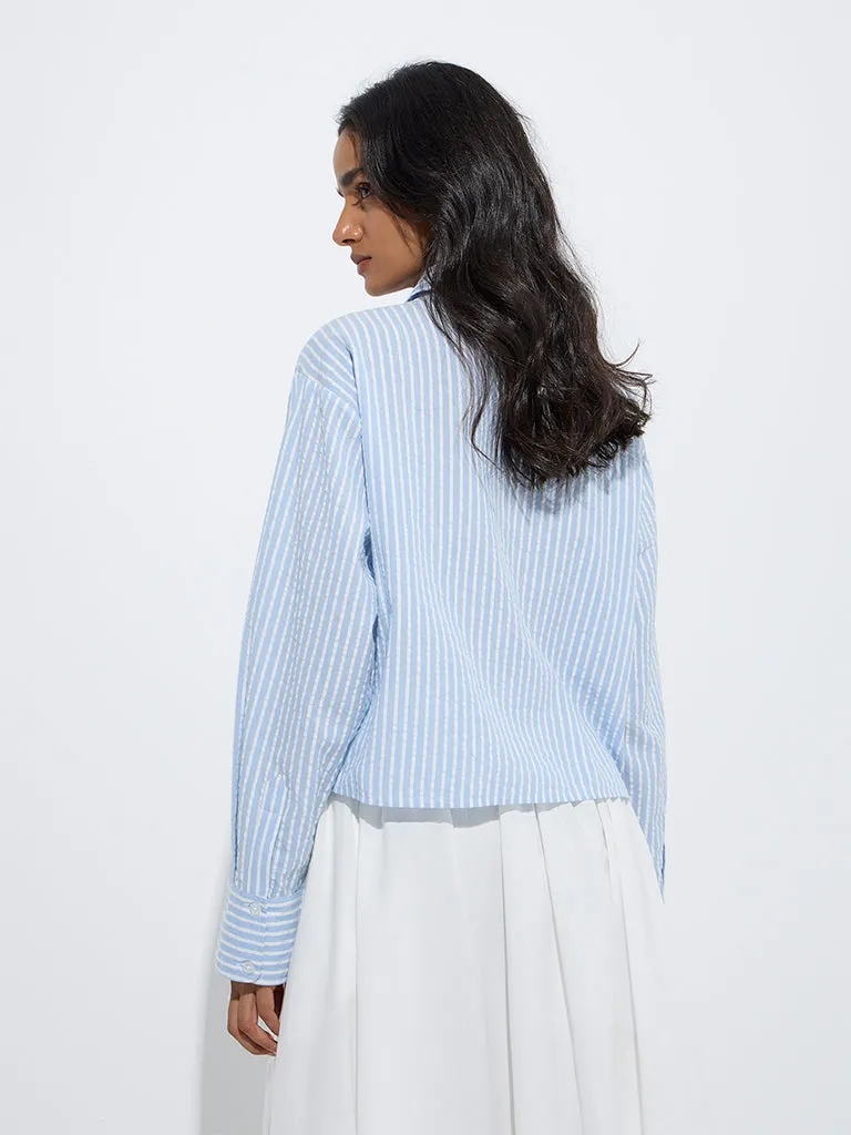 LOV Blue Striped Floral Laced Cotton Shirt