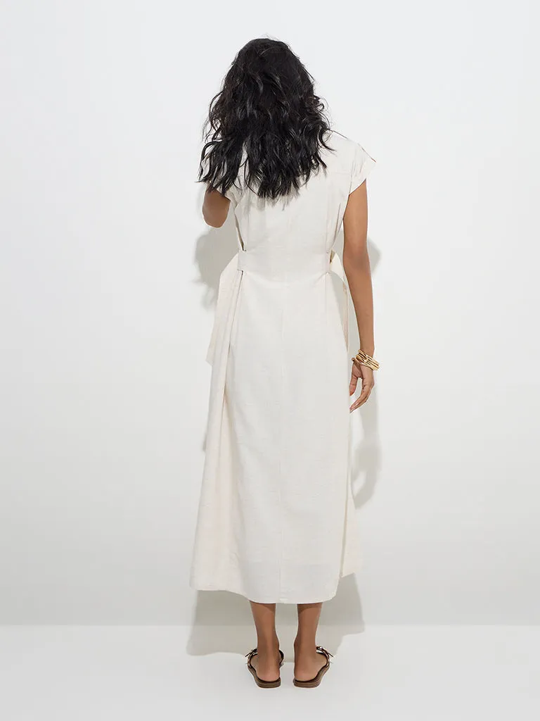 LOV Off-White Solid Linen-Blend Shirt Dress with Belt