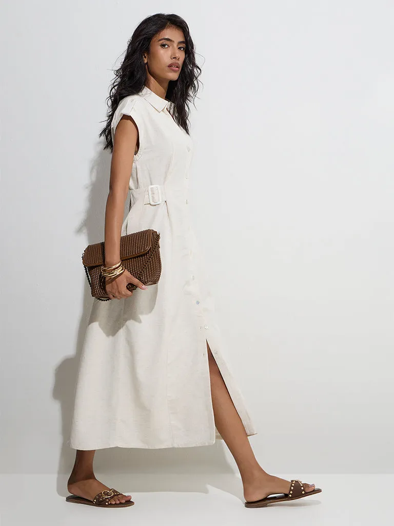 LOV Off-White Solid Linen-Blend Shirt Dress with Belt