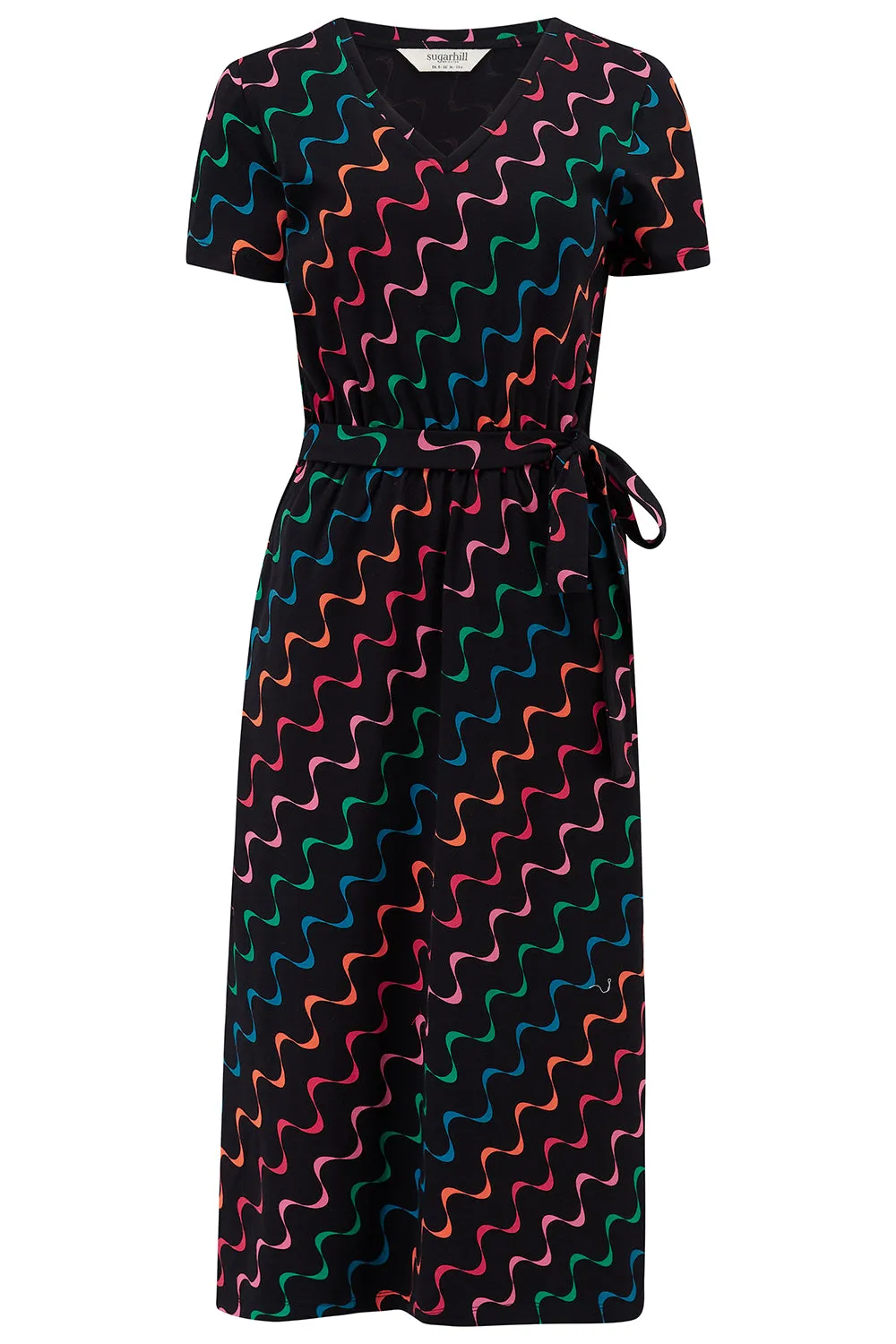 Mara V-Neck Jersey Midi Dress - Black/Multi. Undulating Waves